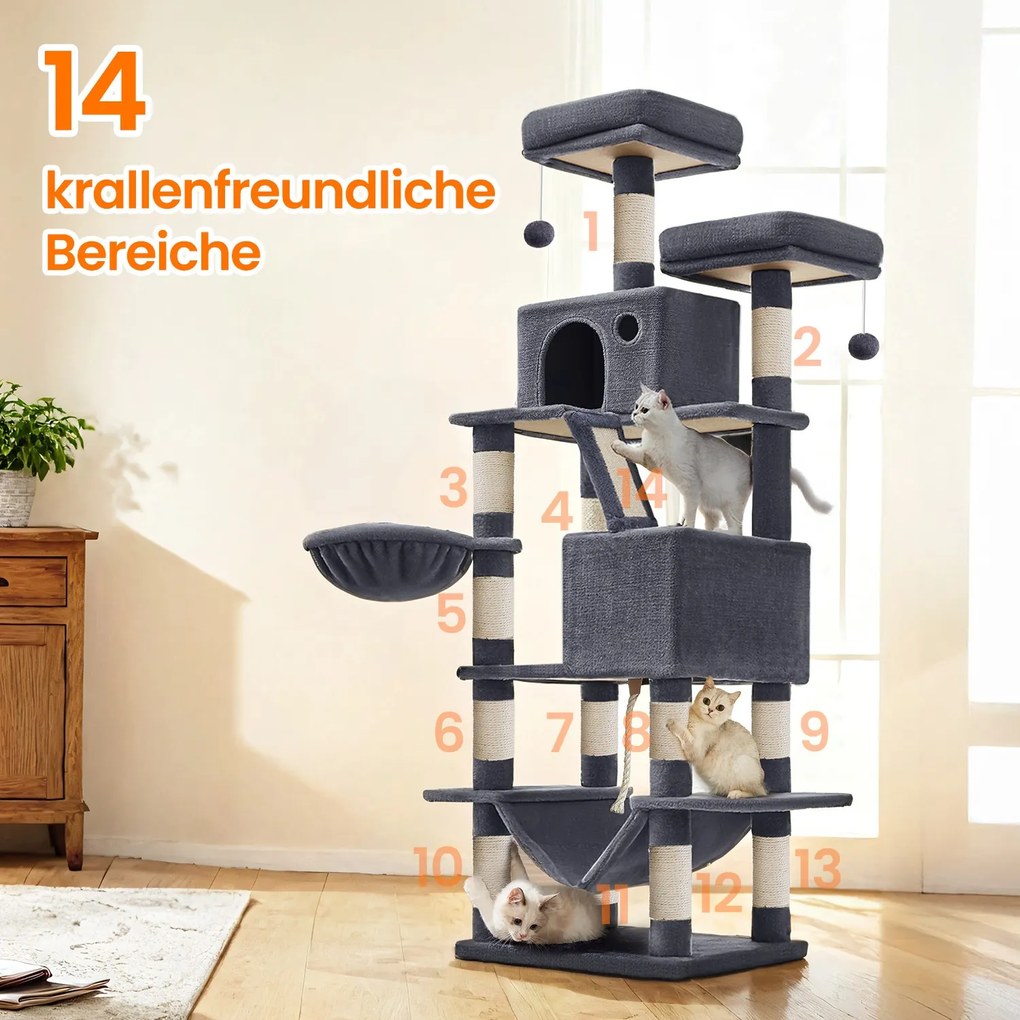 Arranhador para gatos 55 x 45 x 168 cm com 2 cavernas cinza fumado