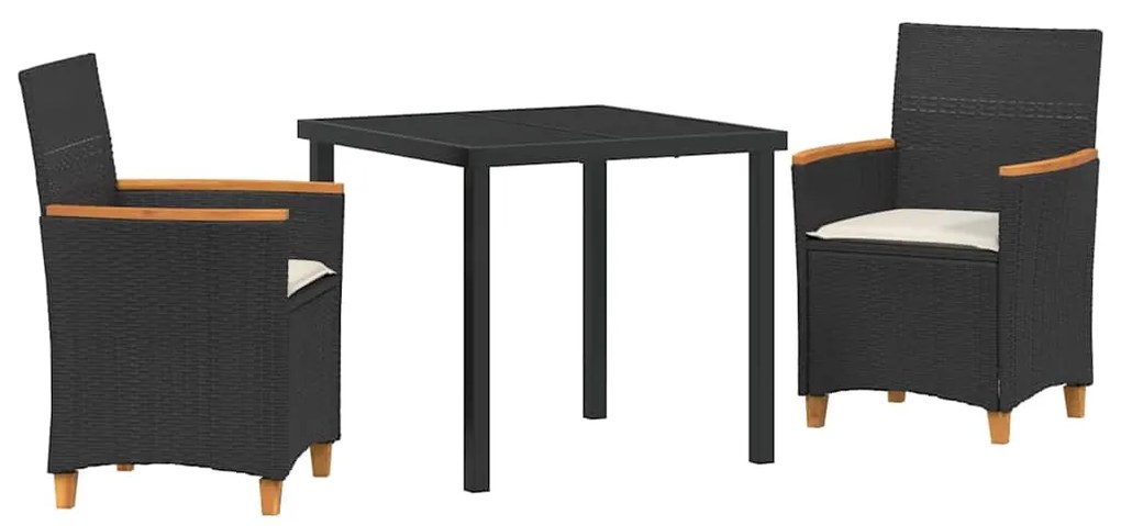 Conjunto de Jantar de Jardim com Almofadas 3 Peças na Cor Preta em Rat