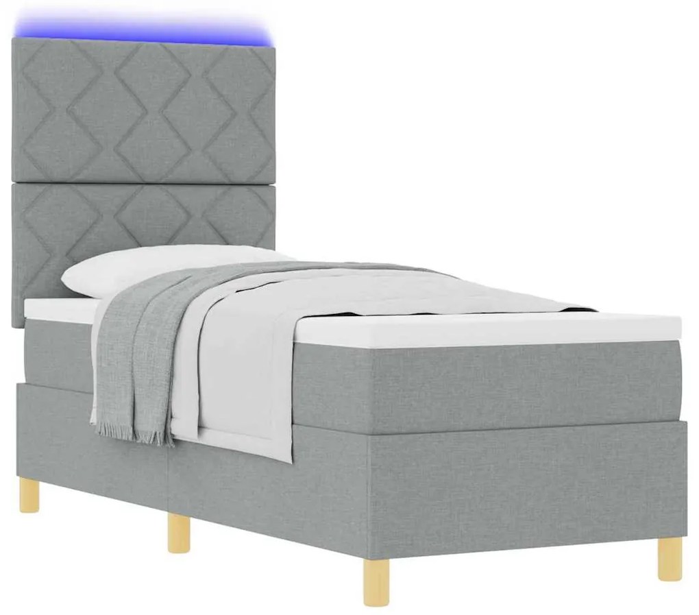 Cama Box Spring com Colchão &amp; LED Cinza Claro 80x200 cm Tecido