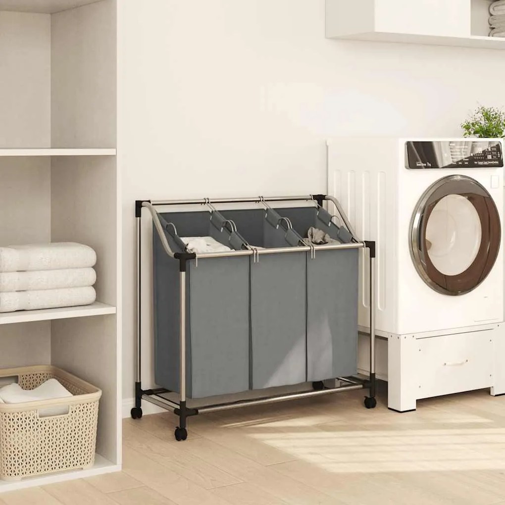 Cesto para roupa suja com rodas 3 compartimentos cinzento