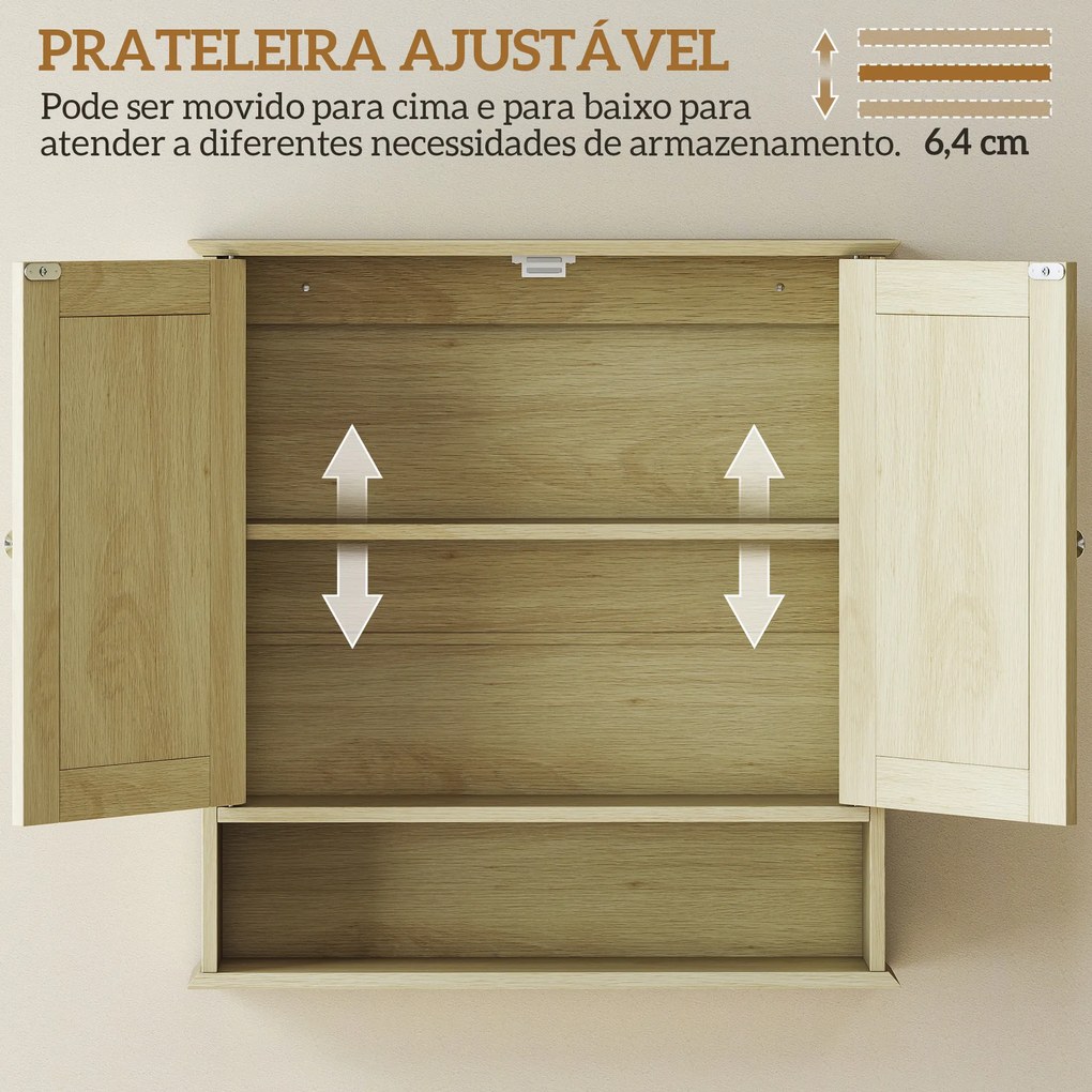 Armário de Parede com Espelho para Casa de Banho 2 Portas Prateleira Aberta e Ajustável 56x13x58 cm Madeira