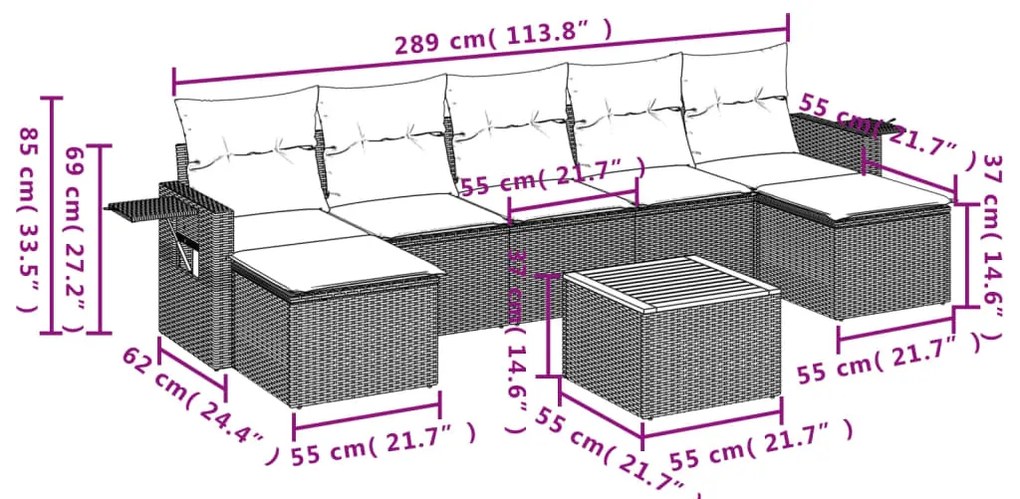 8 pcs conjunto sofás de jardim c/ almofadões vime PE cinzento