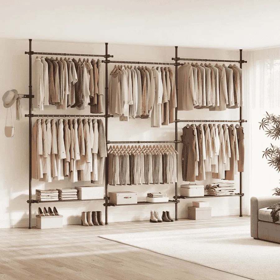 Guarda Roupa 33,5 x (240-353) x (208-310) cm com Barras telescópicas para roupas com 6 barras e 3 prateleiras em preto