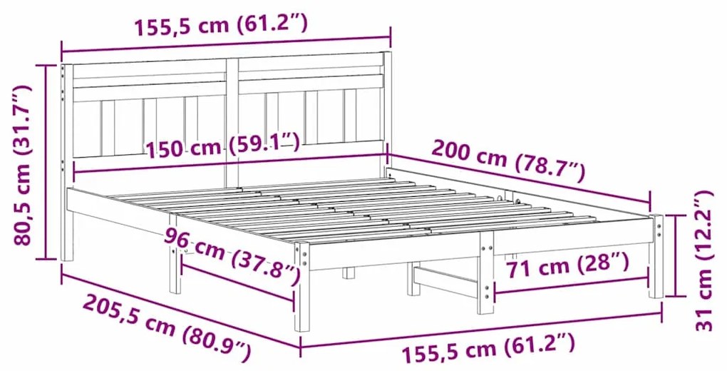 Estrutura da Cama Castanho 150 x 200 cm Madeira de pinho maciça