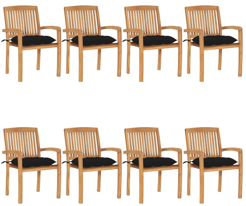 vidaXL Cadeiras de jardim empiháveis c/ almofadões 8 pcs teca maciça
