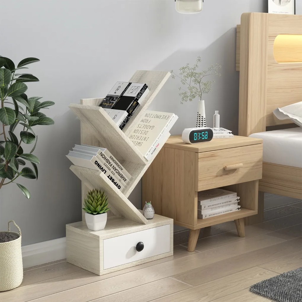 Estante forma de árvore de 5 camadas com gaveta utilitária e suporte para armazenamento de livros pequenos 30 x 17,5 x 60 cm Bege