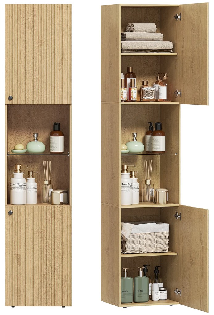 Coluna Casa de Banho Estreita Armário de Banho Alto com 6 Níveis com 2 Portas Prateleira de Vidro 40x31x182 cm Carvalho