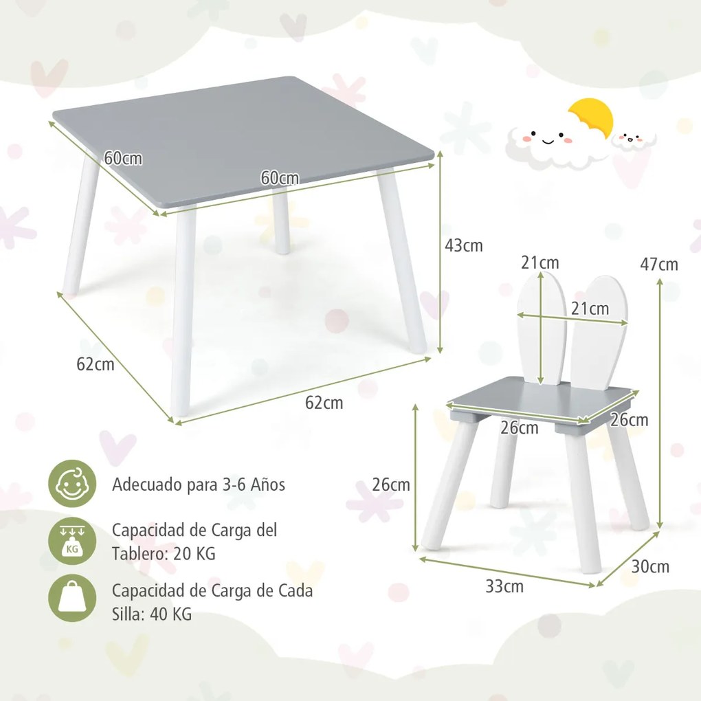 Conjunto de mesa e cadeiras para crianças Mesa quadrada 2 cadeiras desenho coelhos Cinzenta