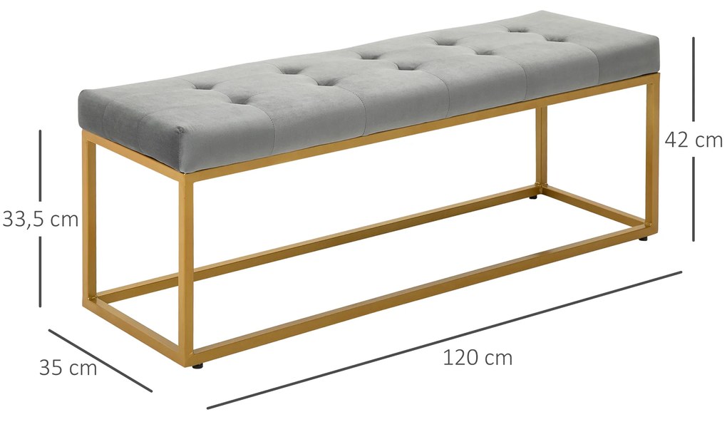 HOMCOM Banco multifuncional Banco de pés com assento acolchoado e pernas metálicas 120x35x42 cm cinza e dourado
