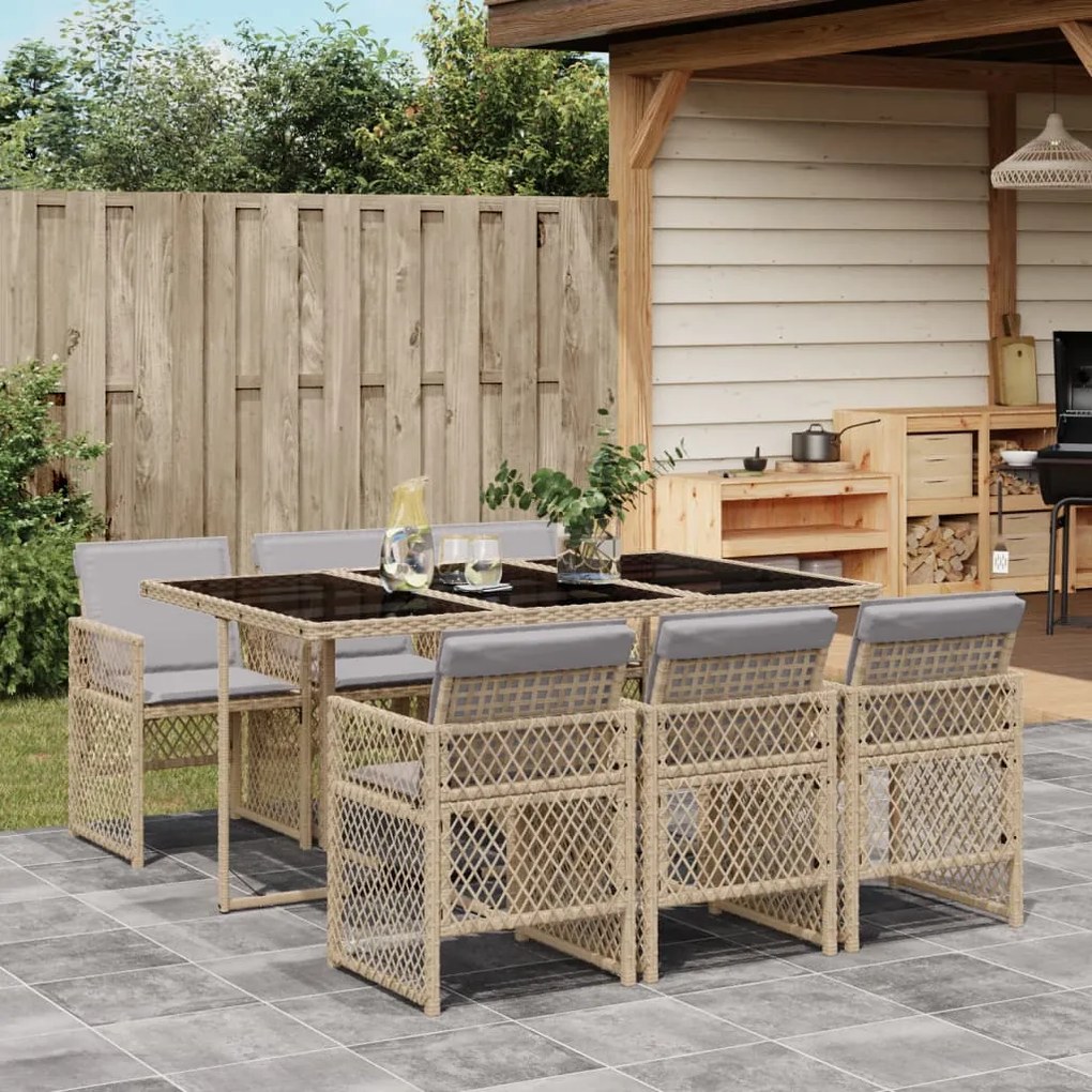 vidaXL 7 pcs conjunto de jantar p/ jardim com almofadões vime PE bege