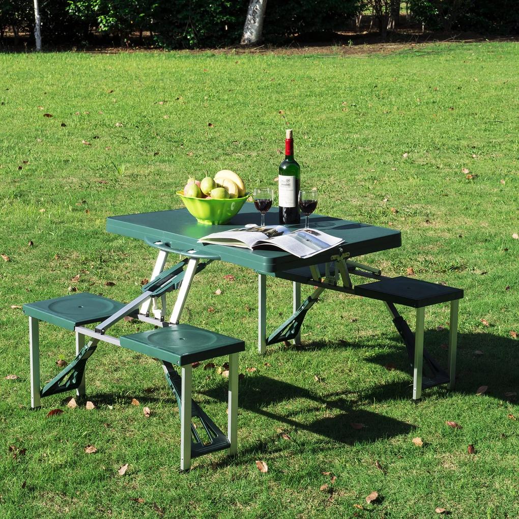 Mesa de Acampamento Dobrável com 4 Cadeiras Conjunto para Acampamento com Orifício para Guarda Sol Estrutura de Alumínio