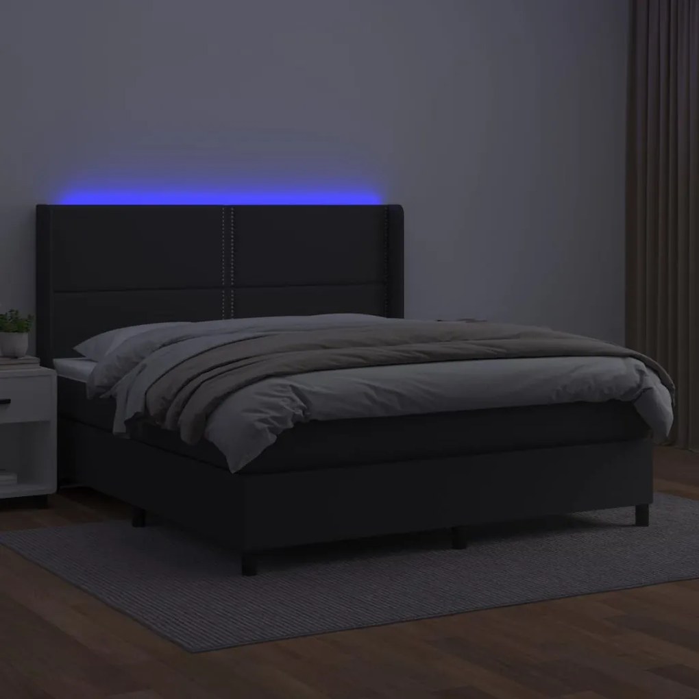 Cama box spring c/ colchão/LED 160x200cm couro artificial preto