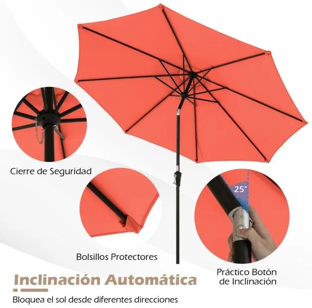 Guarda-sol 303 cm com mecanismo de inclinação de 25° e manivela, 8 varetas reforçadas para terraço, sem base Laranja