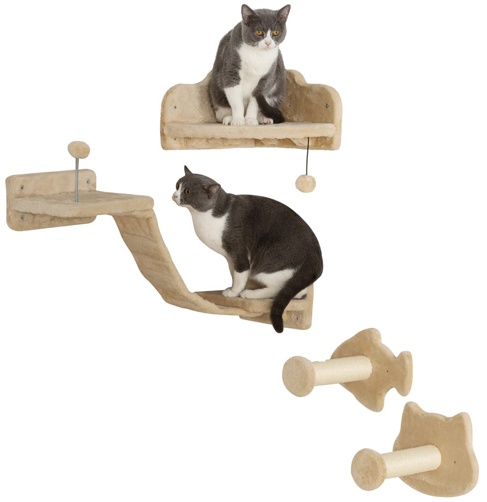 PawHut Conjunto de Prateleiras de Escalada para Gatos de 4 Peças com 2 Postes de Sisal e Plataforma para Saltar Bege