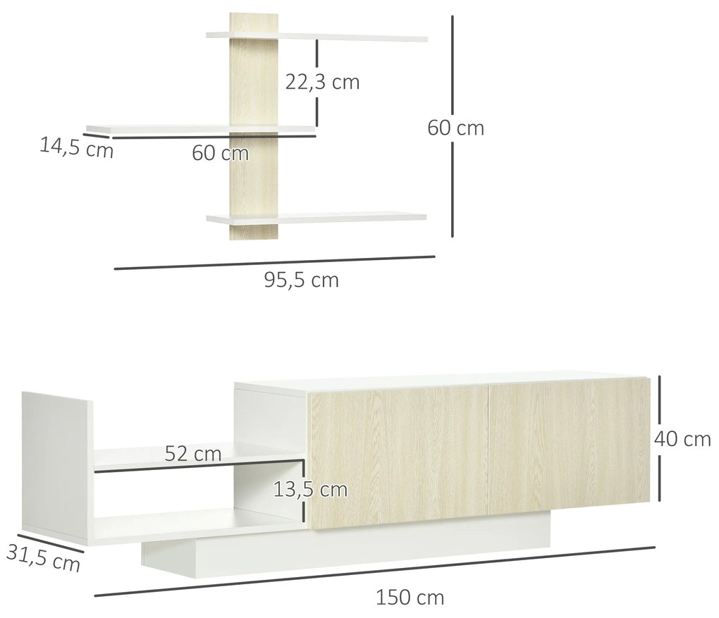 HOMCOM Móvel de TV para Sala de Estar Móvel para Televisor 150x31,5x40cm e Prateleira de Parede 95,5x16x60cm Madeira