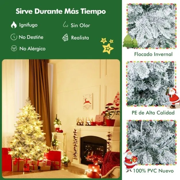 Árvore de Natal com neve de 135 cm com 737 ramos, 120 luzes LED quentes (DECORAÇÃO NÃO INCLUIDA) e design com dobradiças verdes