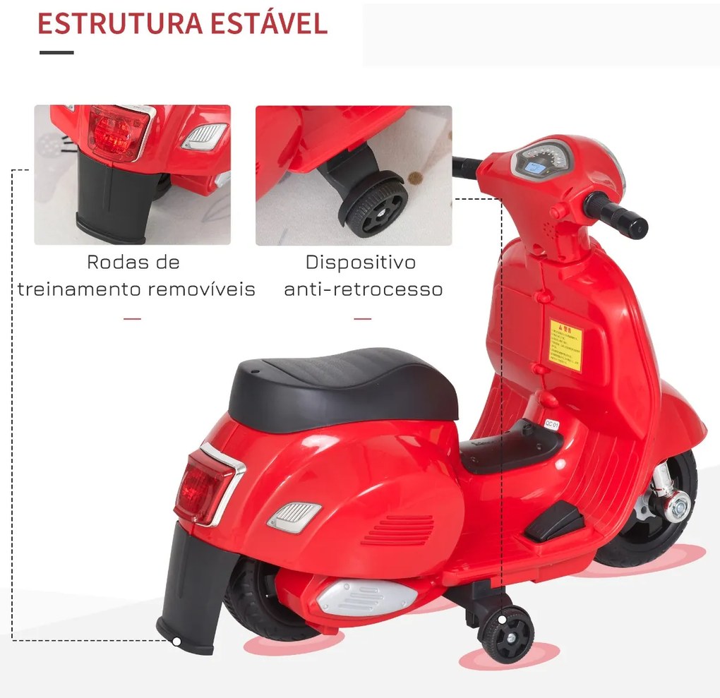 Mota elétrica 6V para crianças 1,5 a 3 anos com licença com faróis buzina e 4 rodas licenciadas 66,5x38x52 cm Vermelho
