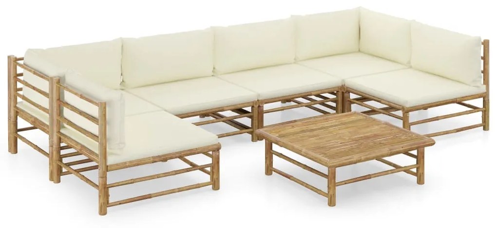 vidaXL 7 pcs conj. lounge p/ jardim em bambu c/ almofadões branco nata