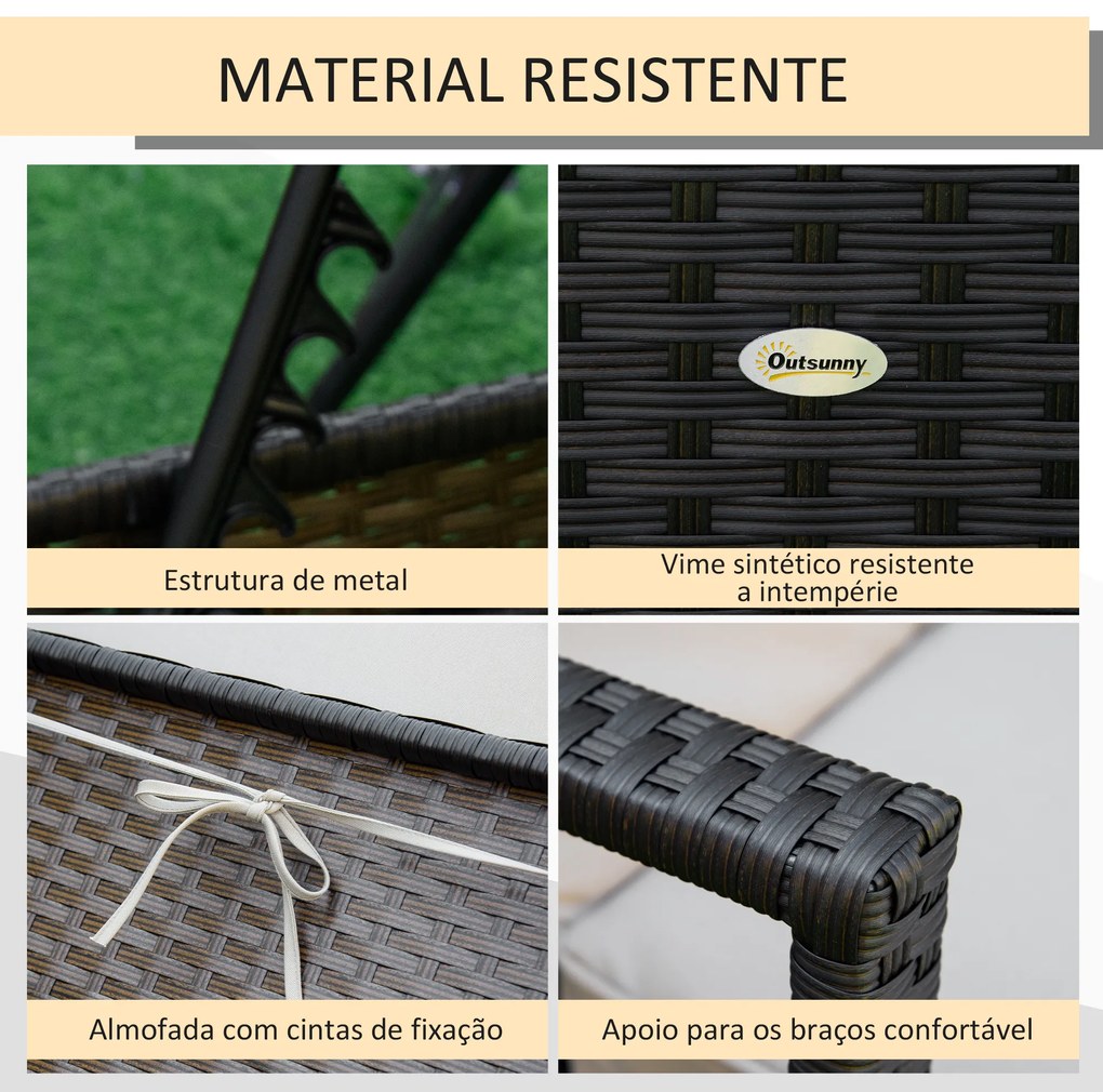 Outsunny Espreguiçadeira de Vime de Jardim Espreguiçadeira com Encosto Ajustável em 4 Posições Almofadas Acolchoadas e Capa Removível para Terraço Pátio Exterior 192x62,5x58-95cm Marrom e Bege