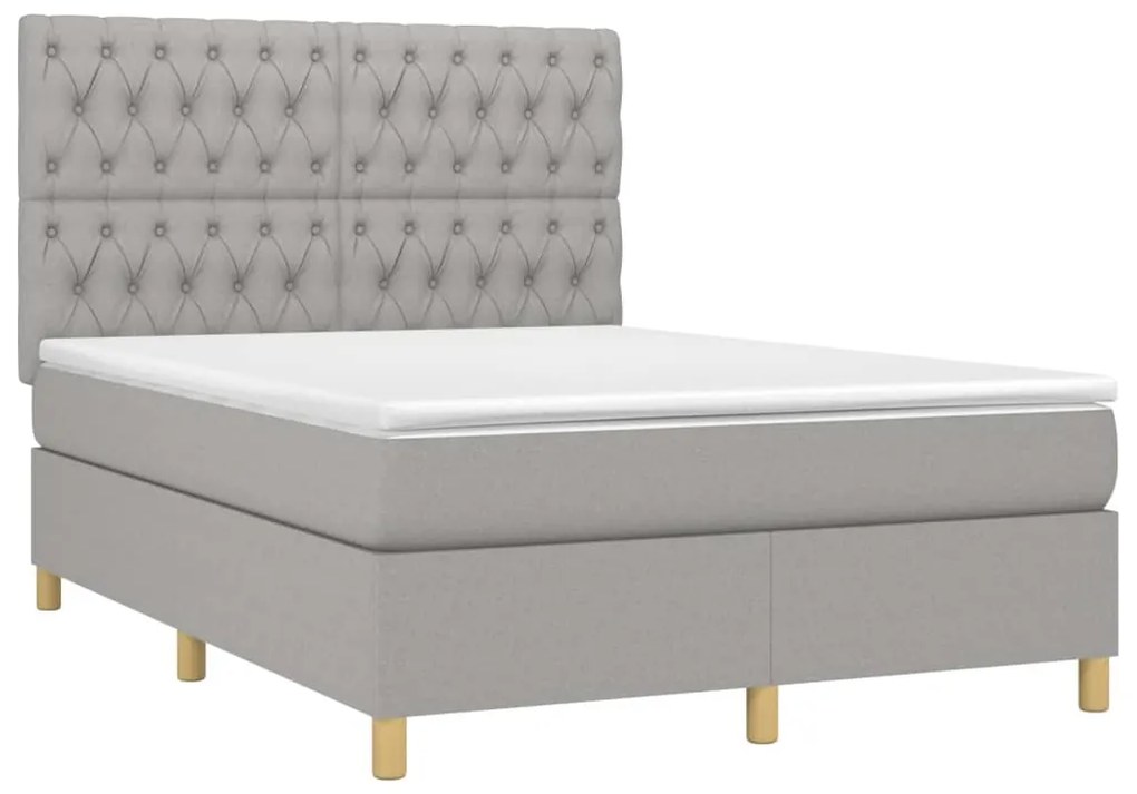 Cama box spring c/ colchão e LED 140x200 cm tecido cinza-claro