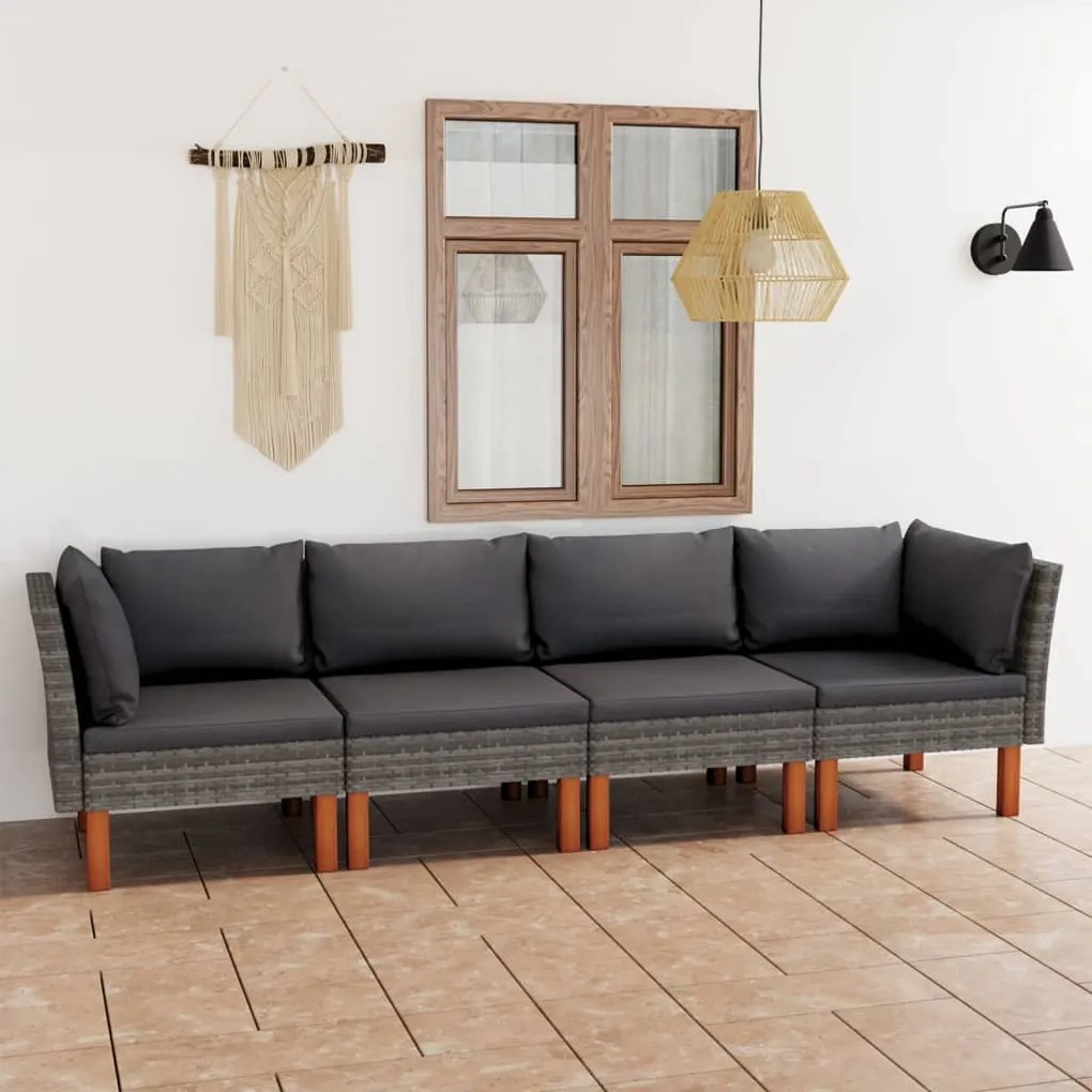 vidaXL Sofá de jardim de 4 lugares com almofadões vime PE cinzento