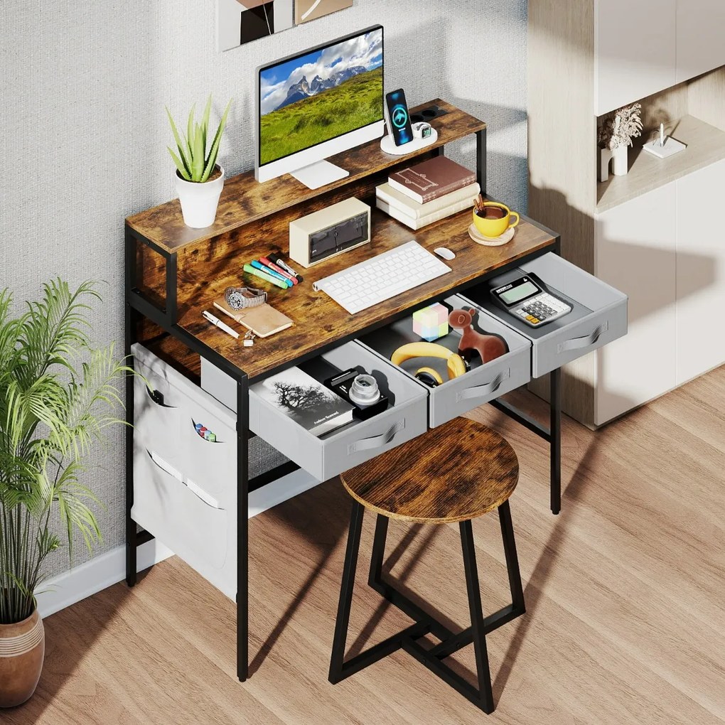 Secretária para computador 110 x 50 x 95,5 cm com tomadas elétricas com banco com suporte para monitor e Gavetas de tecido Castanho