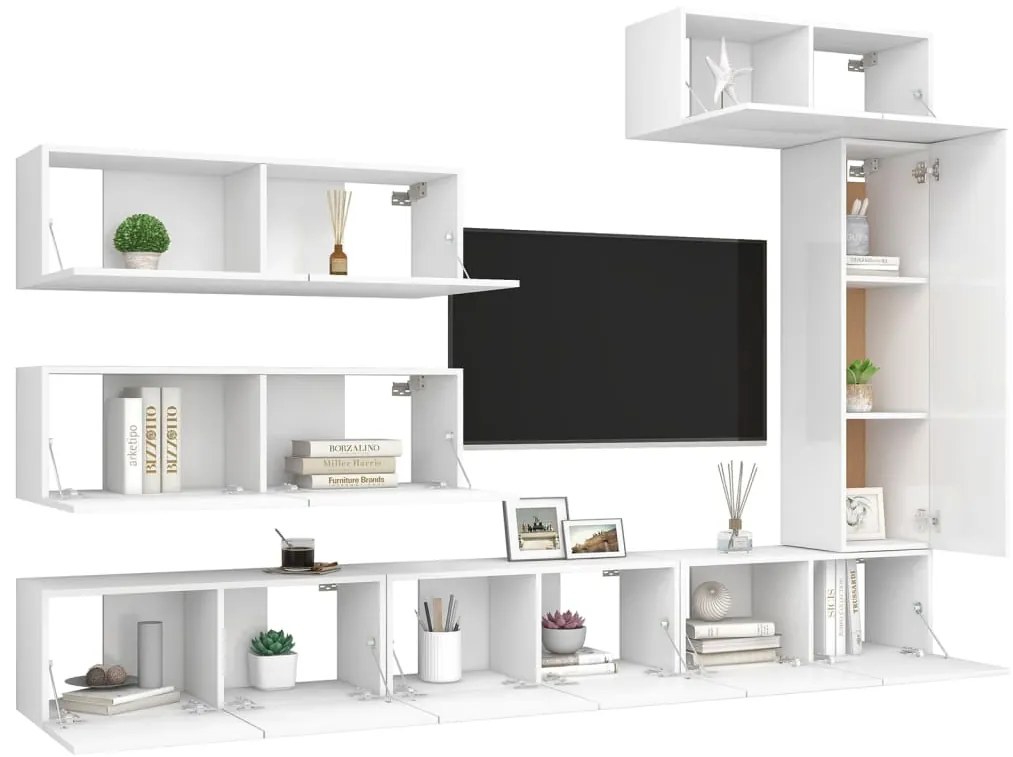 7 pcs conjunto de móveis de TV derivados de madeira branco