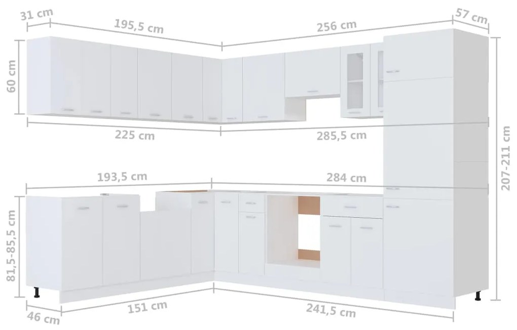 14 pcs conjunto armários de cozinha contraplacado branco