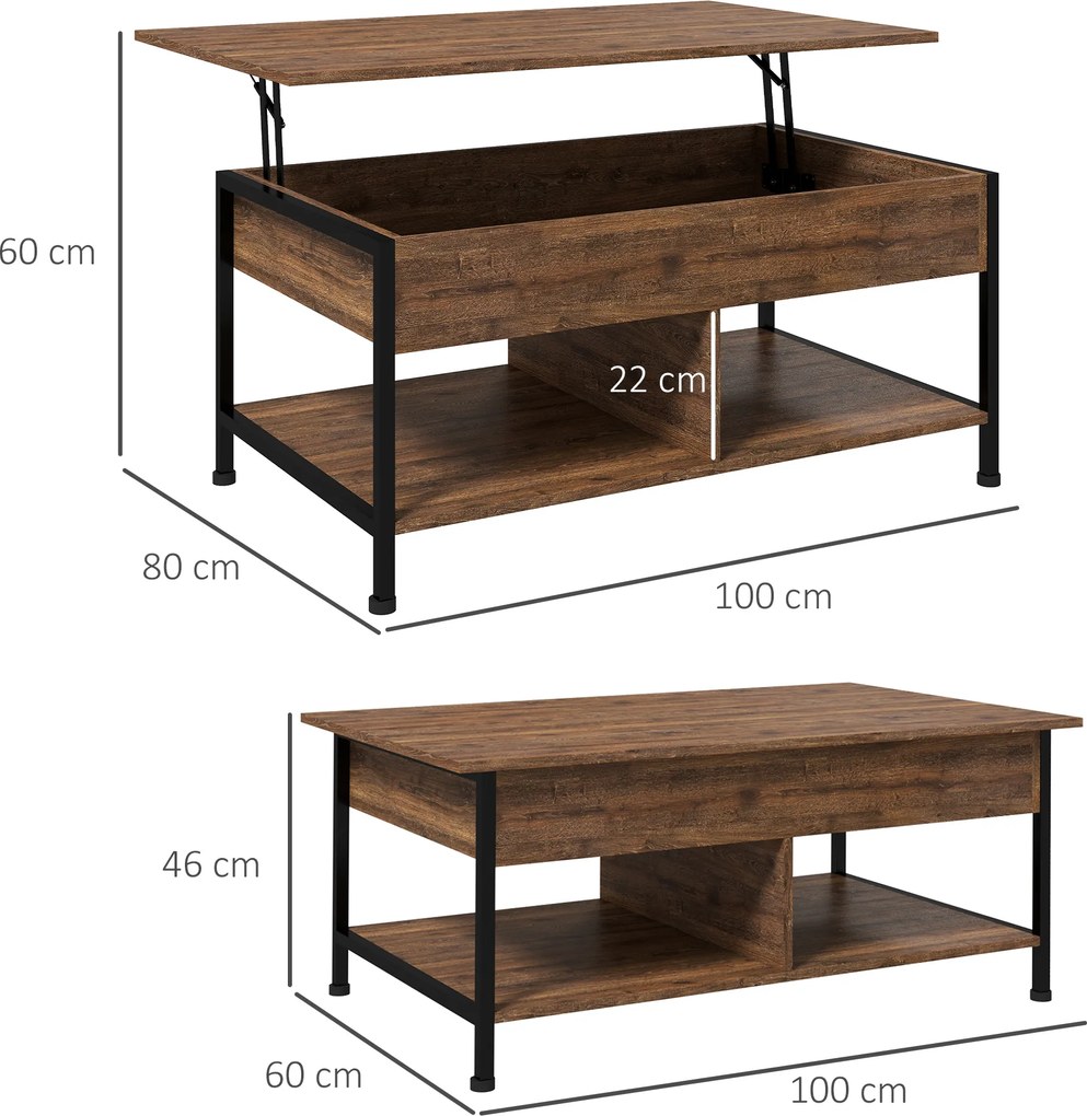 Mesa de centro  100 x 80 x 60 cm elevável com compartimento oculto, 2 prateleiras inferiores,, castanho rústico e preto