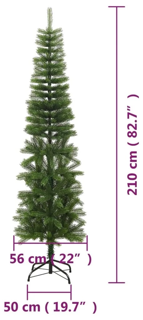 Árvore de Natal artificial fina com suporte PE 210 cm