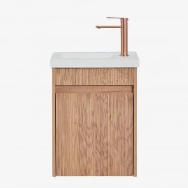 Conjunto De Móvel De Casa De Banho Suspenso Em Madeira Com Lavatório Integrado Narek Castanho Fresno & Sem Espelho & Ouro Rousa - Sklum