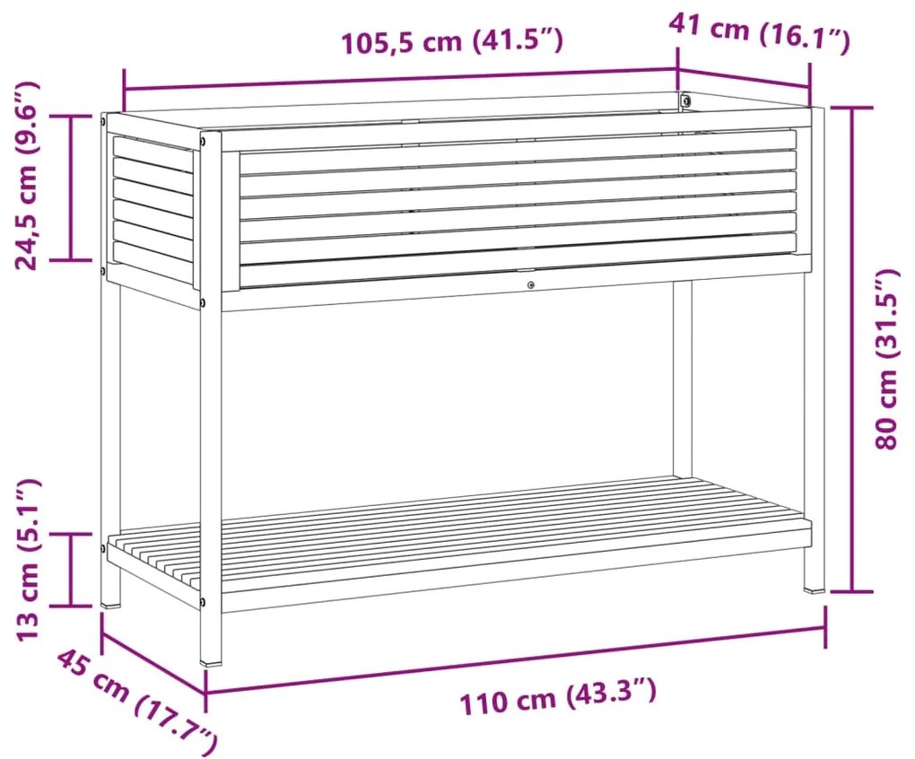 Vaso/floreira de jardim c/ prateleira 110x45x80 cm acácia/aço