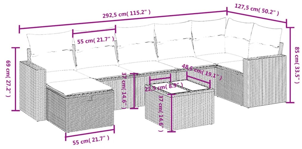 8 pcs conjunto sofás de jardim com almofadões vime PE preto