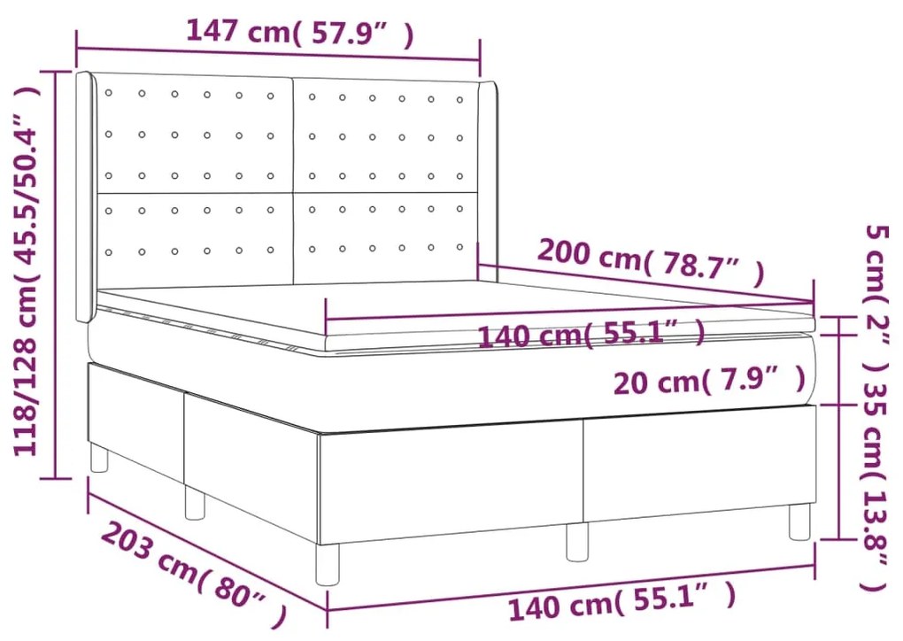 Cama box spring c/ colchão e LED 140x200 cm tecido cinza-escuro