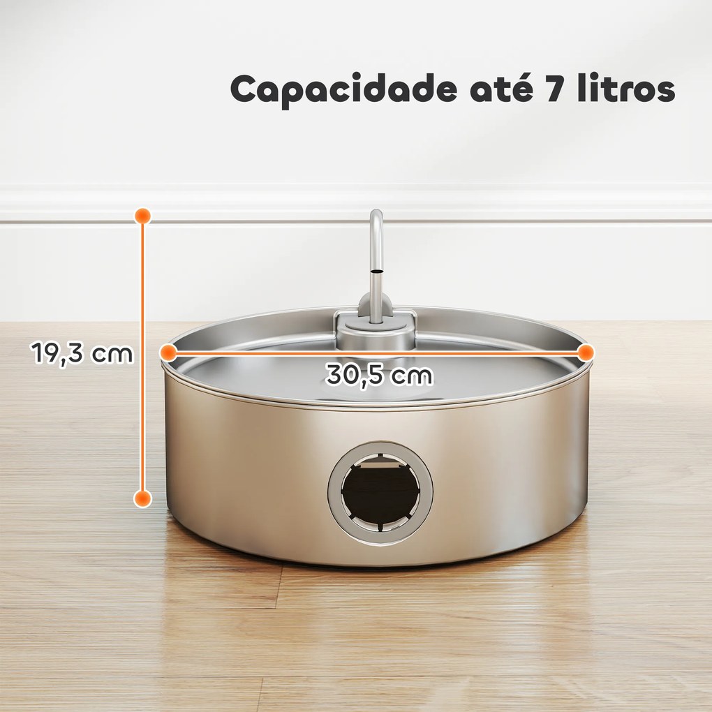 Fonte para Gatos em Aço Inoxidável 7L Silencioso Fonte de Água para Animais Automática com Sistema de Filtros Luz LED 30,5x31,2x19,3 cm Prata
