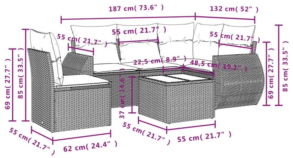 6 pcs conjunto de sofás jardim c/ almofadões vime PE castanho