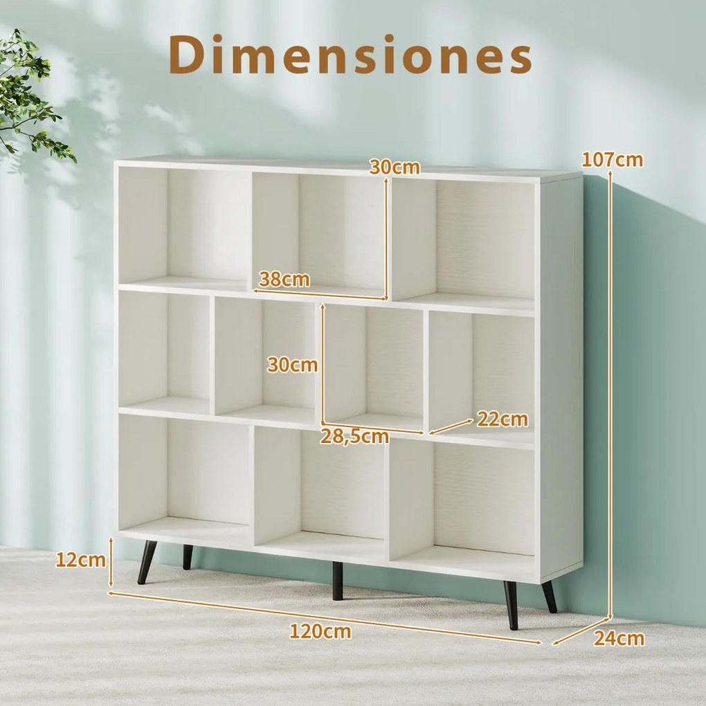 Estante de 3 níveis com 10 cubos, 4 pés de metal e dispositivo anti-capotamento para sala de estar ou escritório 120 x 24 x 107 cm branco