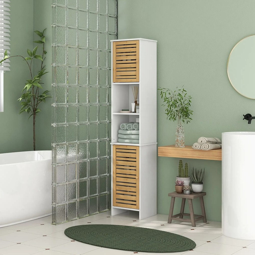 Coluna Casa de Banho Móvel Auxiliar Casa de Banho com Prateleiras Ajustáveis e Portas de Bambu 35x30x170 cm Branco e Madeira