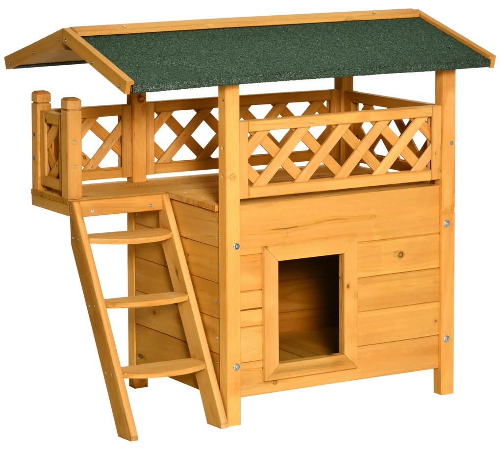 PawHut Casa para Gatos de Madeira 77x50x73cm Casa para Gatos com 2 Níveis com Teto Asfáltico Terraço Cercado Caverna Madeira Natural | Aosom Portugal
