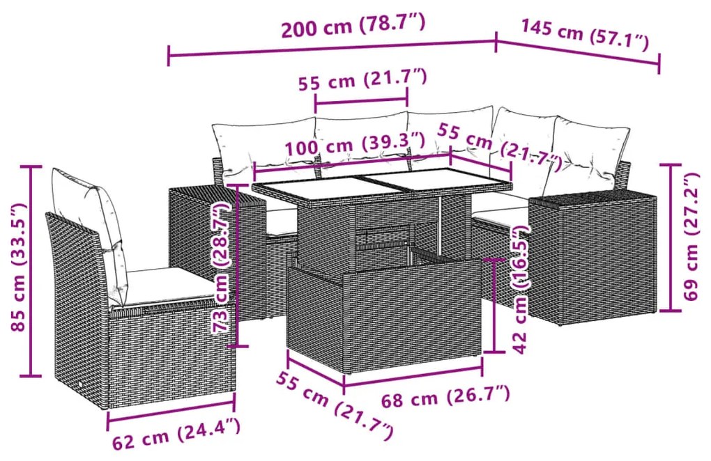 6 pcs conjunto sofás de jardim c/ almofadões vime PE preto
