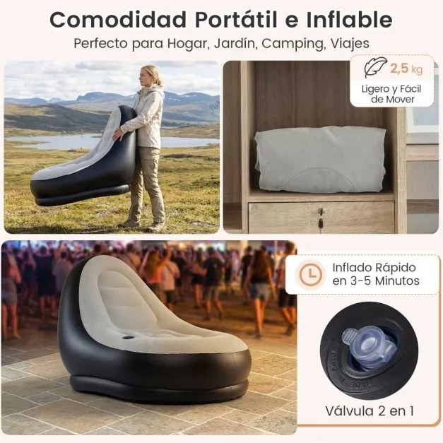 Sofá insuflável com pufe portátil, superfície felpuda e porta-copos integrado Sem bomba, para uso no exterior, interior e acampamento, cinzento + pret