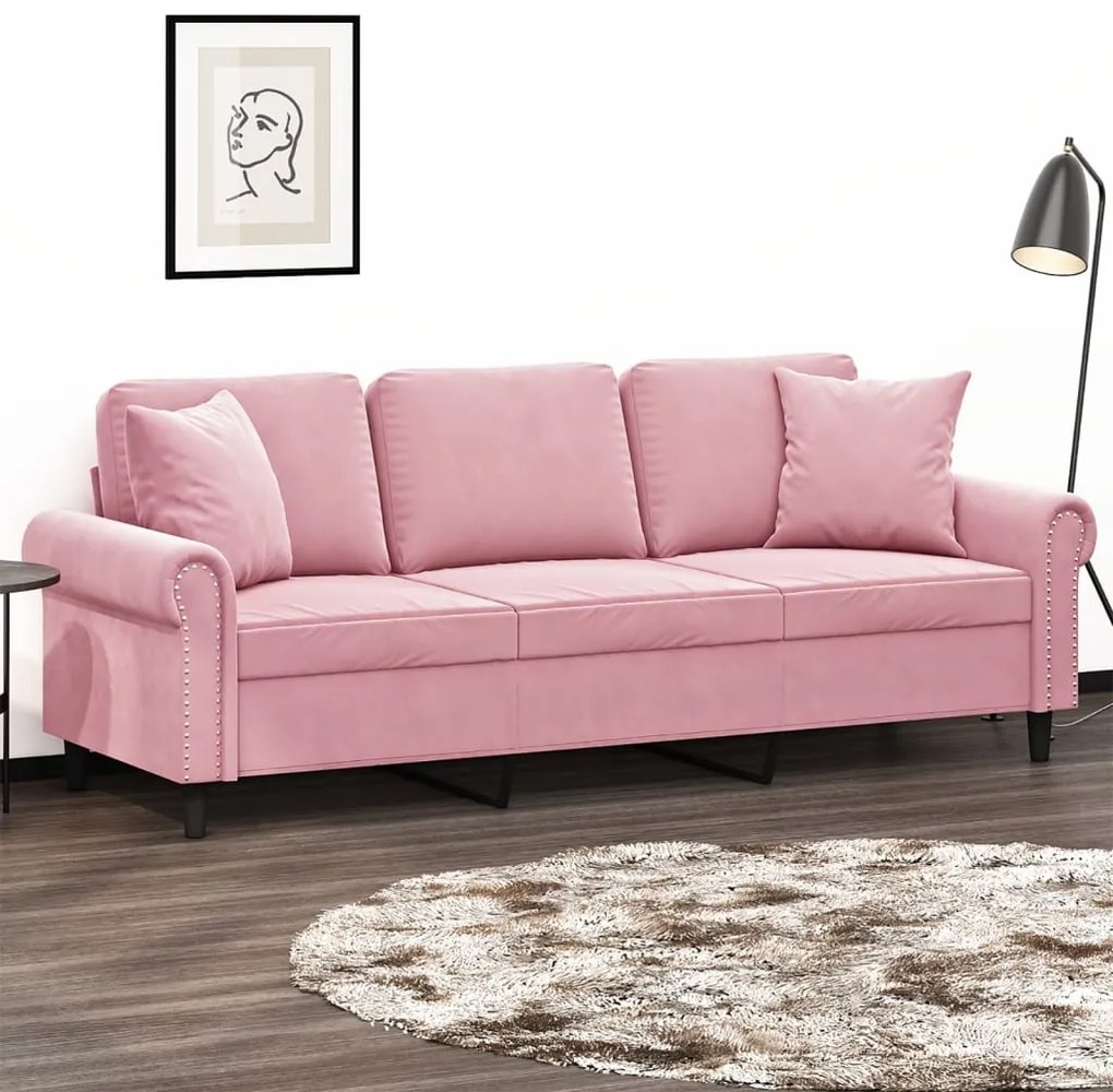 Sofá 3 lugares c/ almofadas decorativas 180 cm veludo rosa