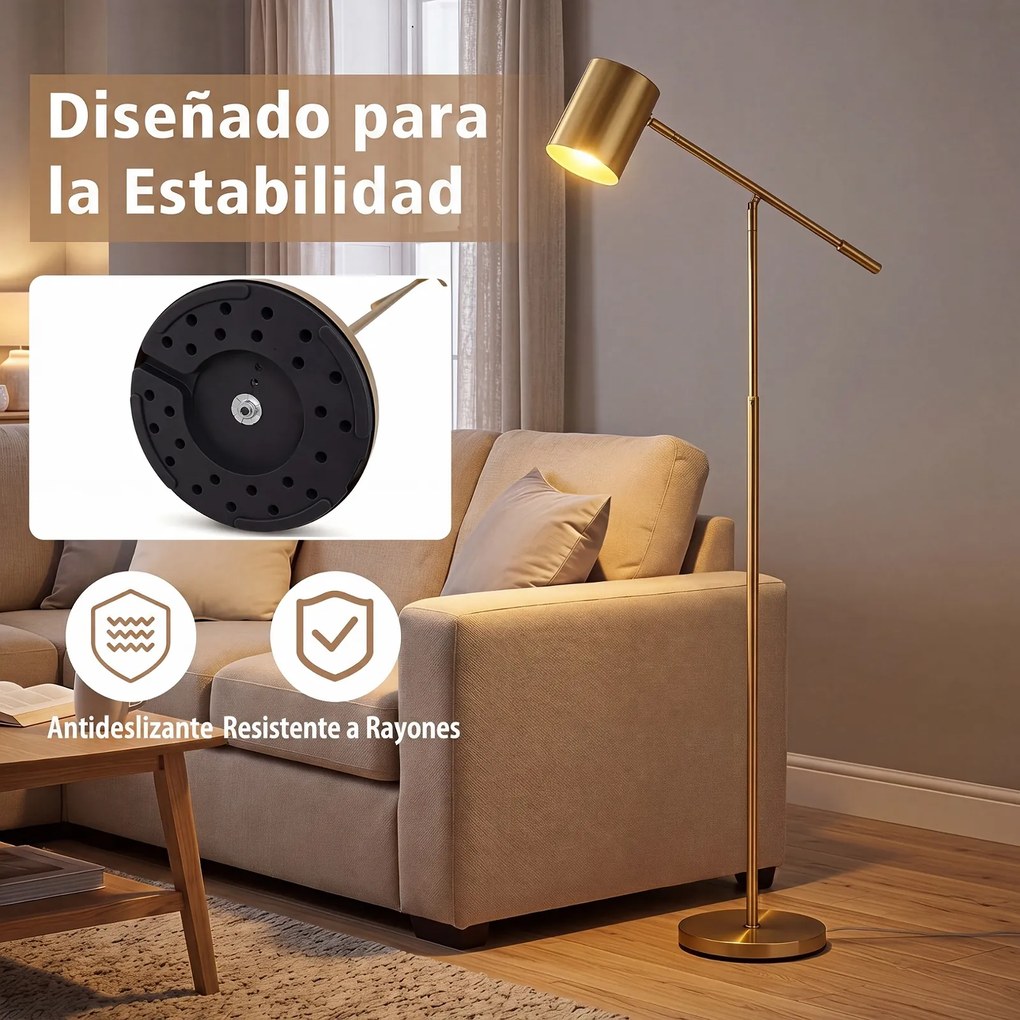 Candeeiro de Pé, Altura 175 cm e Ângulo Ajustáveis, Dourado