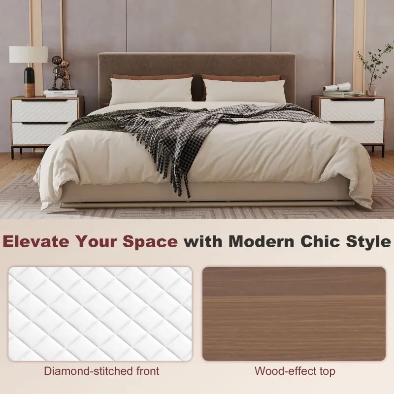 Cómoda com 2 Gavetas de Tecido Frentes com Padrão de Diamante 59,5x30x54 cm Móvel de Arrumação Madeira e Branco