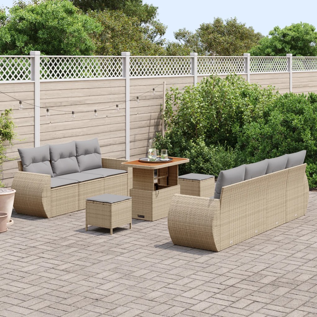 Conjunto de Sofá de Jardim de 10 Peças com Almofadas Bege Poli Rattan