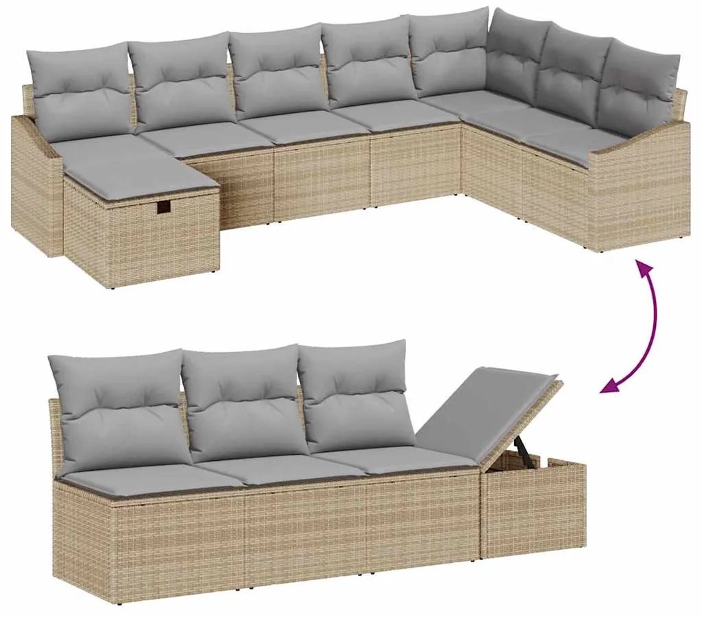 Conjunto de Sofá de Jardim em 9 Peças com Almofadas Bege Polyrattan