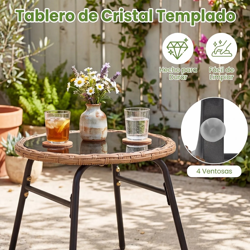 Conjunto jardim de rattan PE para exterior com almofadas macias, Estrutura metálica e tampo em vidro temperado para pátio ou terraço, cor bege