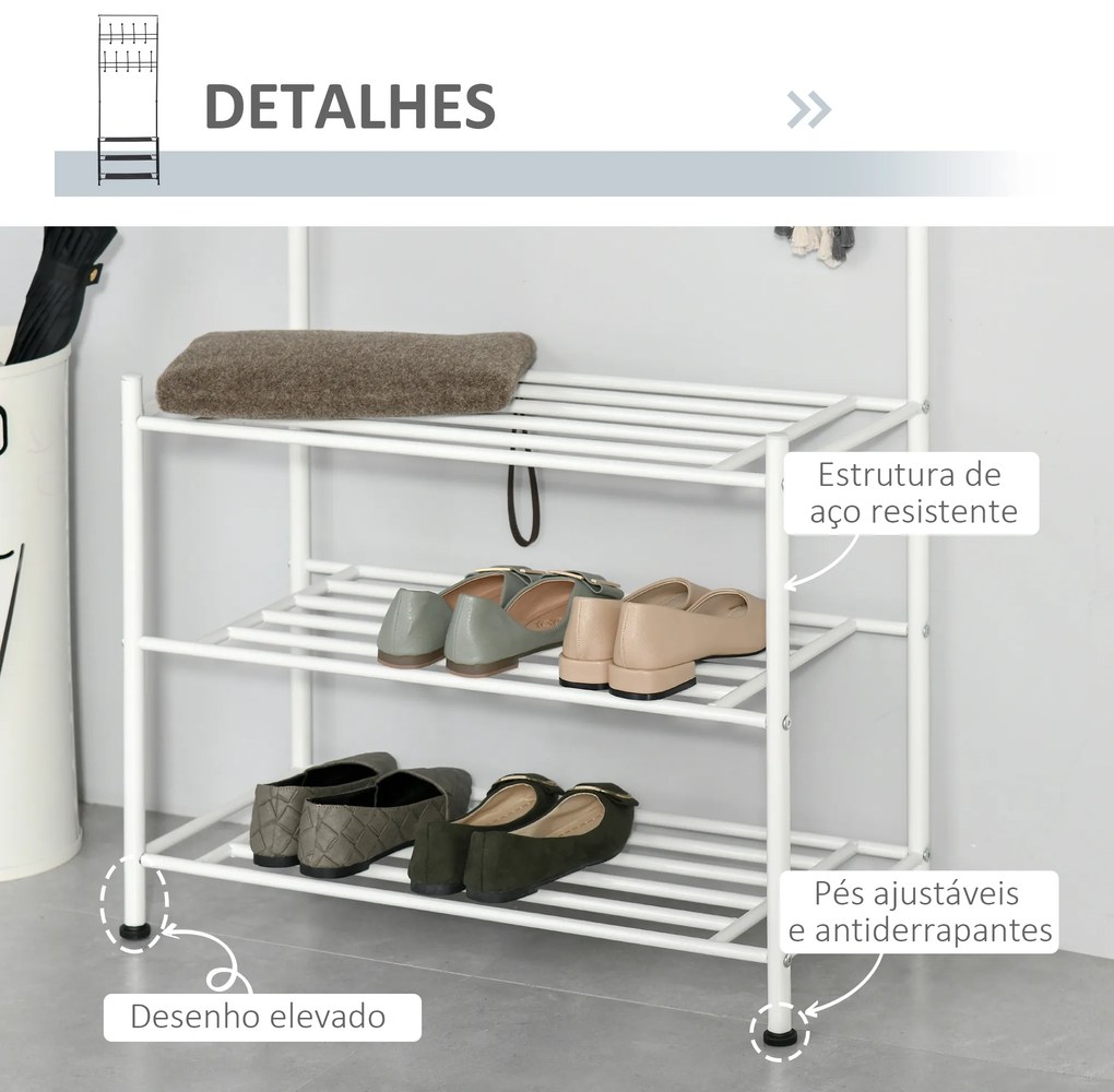 HOMCOM Móvel Cabide de Entrada com 18 Ganchos e Sapateira Armário de Entrada com Cabide com 3 Prateleiras 67x30x185cm Branco