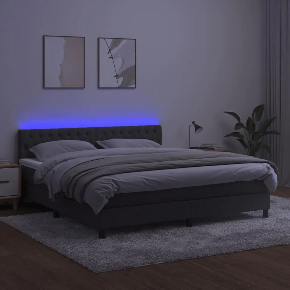 Cama box spring c/ colchão/LED 160x200cm veludo cinzento-escuro