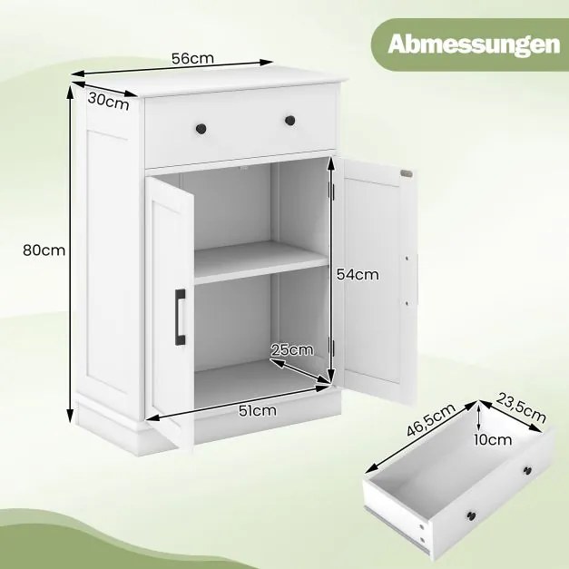 Armário de casa de banho com gaveta, portas e prateleira ajustável 56 x 30 x 80 cm branco